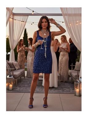 Vintage 90’s: Black Tie Oleg Cassini ♕ Bead Sequin Silk Mini Dress ♕ Blue ♕ M L